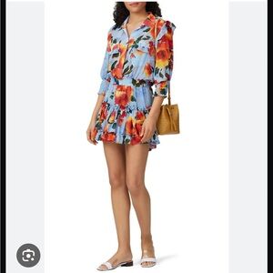 Misa Los Angeles Blue Floral Mini Dress with Orange Blooms